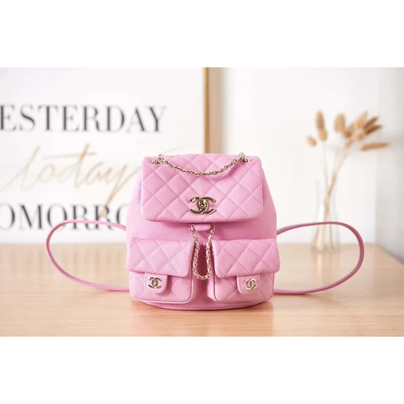 Chanel AS3860 Backpack Grained Shiny Calfskin & Gold Tone Metal Pink