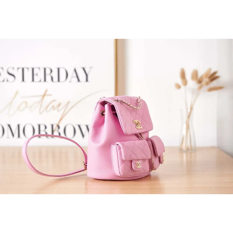 Chanel AS3860 Backpack Grained Shiny Calfskin & Gold Tone Metal Pink
