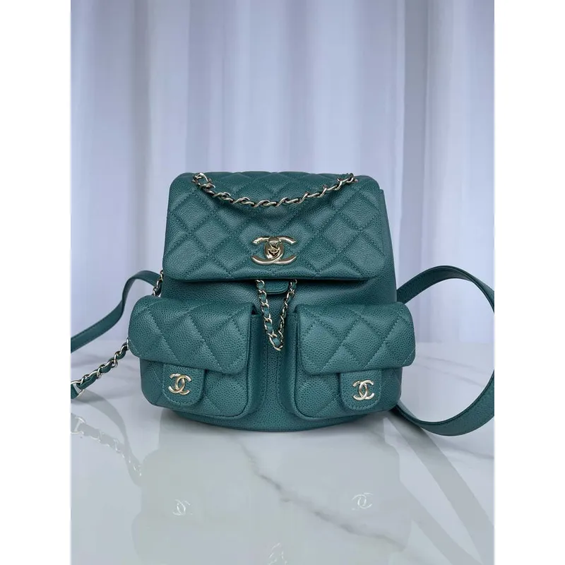 Chanel AS3787 Small Backpack Grained Shiny Calfskin & Gold Tone Metal Green