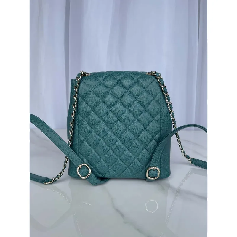 Chanel AS3787 Small Backpack Grained Shiny Calfskin & Gold Tone Metal Green