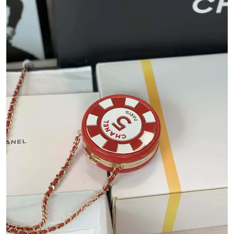 Chanel Ap3704 Clutch  With Chain Lambskin Enamel & Gold Tone Metal Red & White