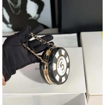 Chanel Ap3704 Clutch  With Chain Lambskin Enamel & Gold Tone Metal Black & White