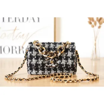 Chanel AS3611 Small Flap Bag Wool Tweed & Gold Tone Metal Gray and Black