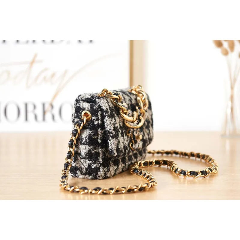 Chanel AS3611 Small Flap Bag Wool Tweed & Gold Tone Metal Gray and Black