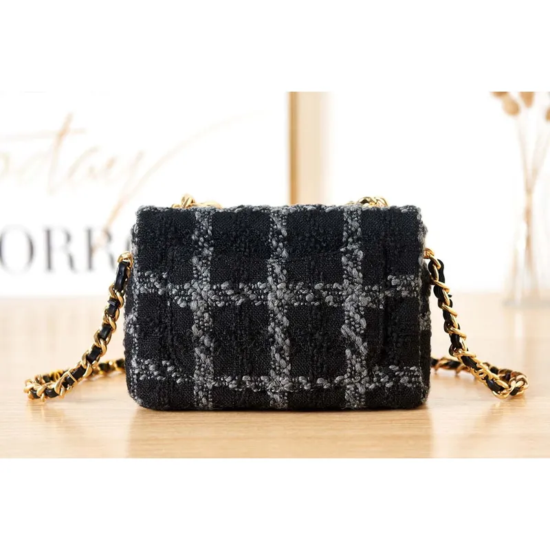 Chanel AS3611 Small Flap Bag Wool Tweed & Gold Tone Metal Black