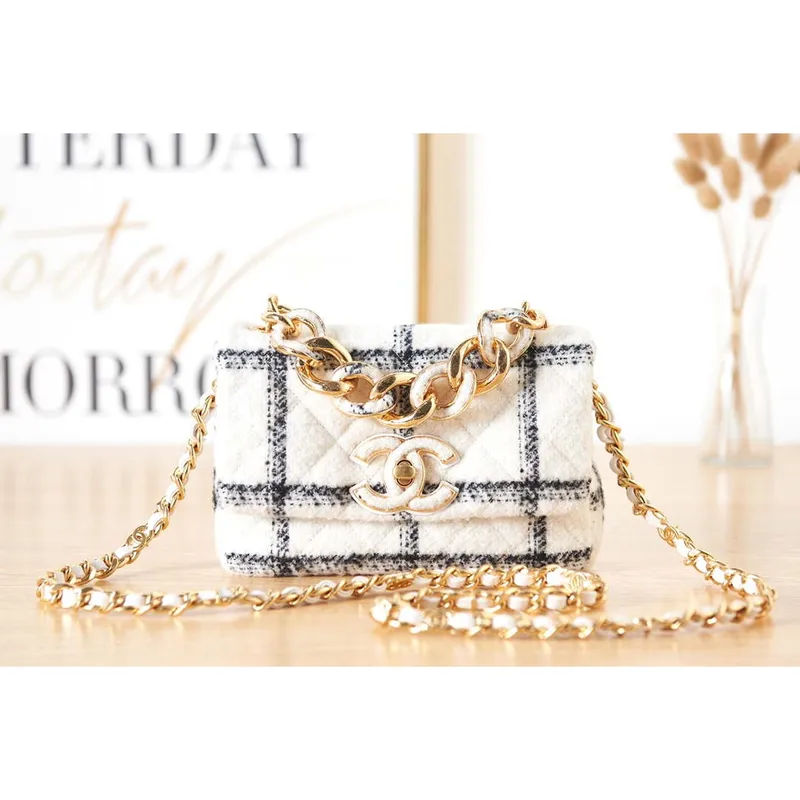 Chanel AS3611 Small Flap Bag Wool Tweed & Gold Tone Metal White