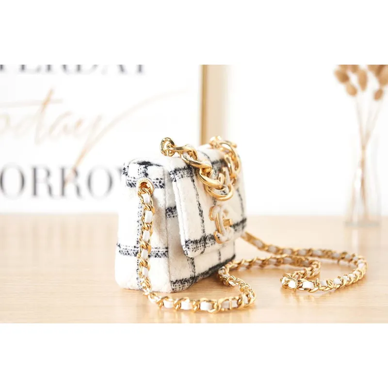 Chanel AS3611 Small Flap Bag Wool Tweed & Gold Tone Metal White