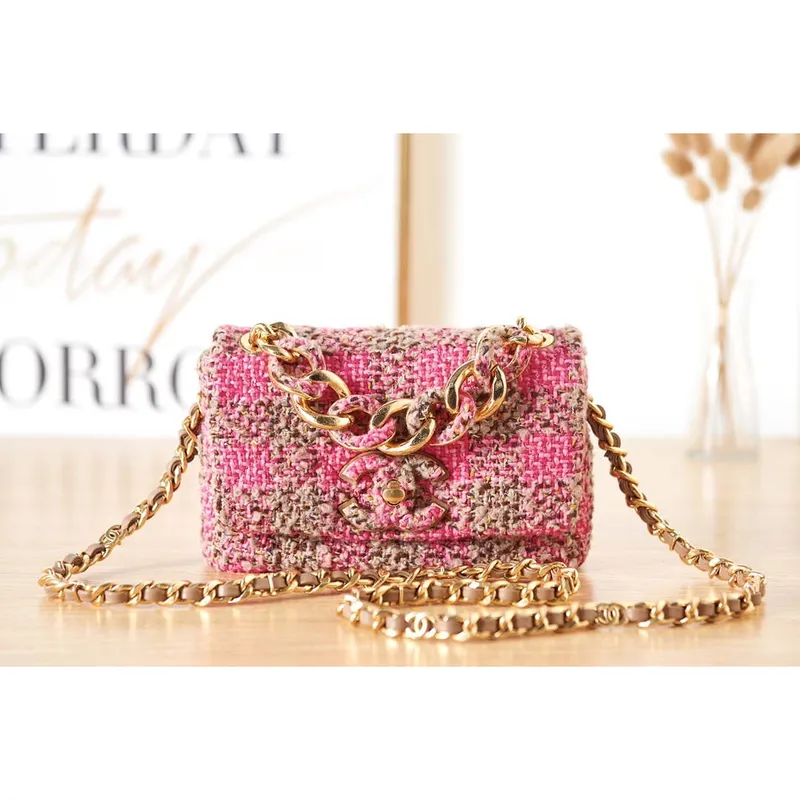 Chanel AS3611 Small Flap Bag Wool Tweed & Gold Tone Metal Pink & Brown