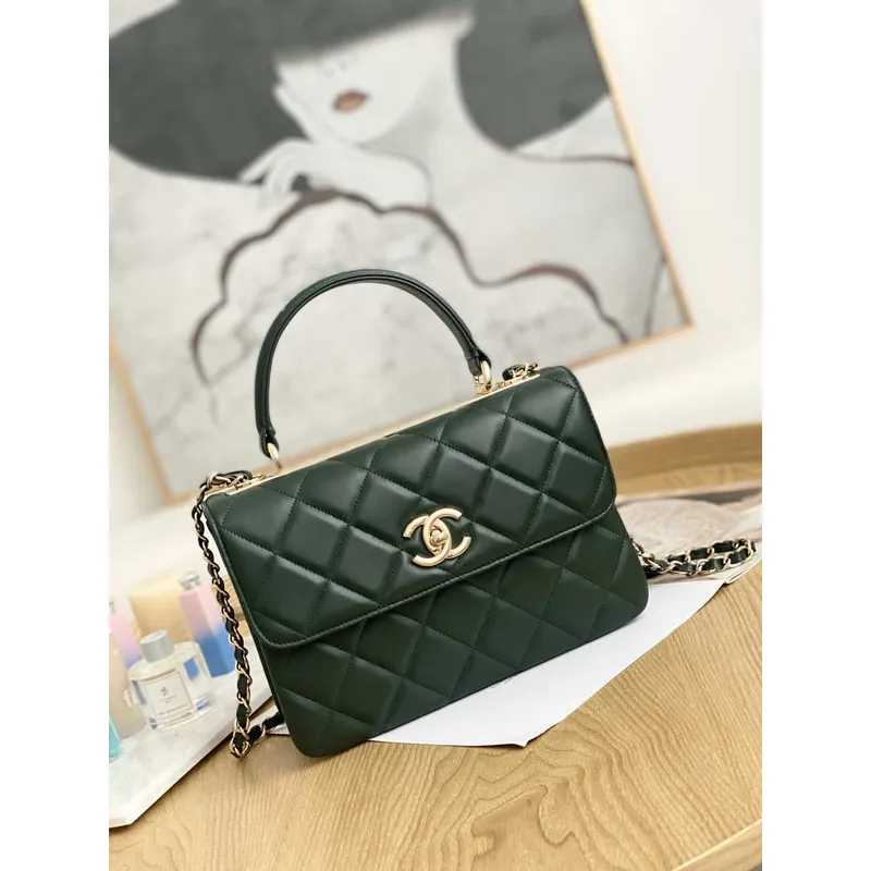 Chanel Small Trendy CC Flap Bag With Top Handle Lambskin bag A92236 Dark Green Gold