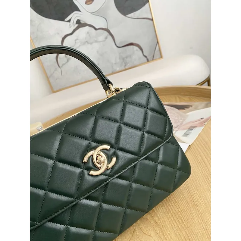 Chanel Small Trendy CC Flap Bag With Top Handle Lambskin bag A92236 Dark Green Gold