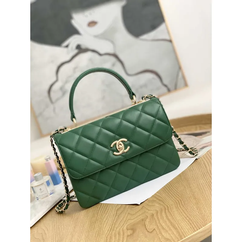 Chanel Small Trendy CC Flap Bag With Top Handle Lambskin bag A92236 Green Gold