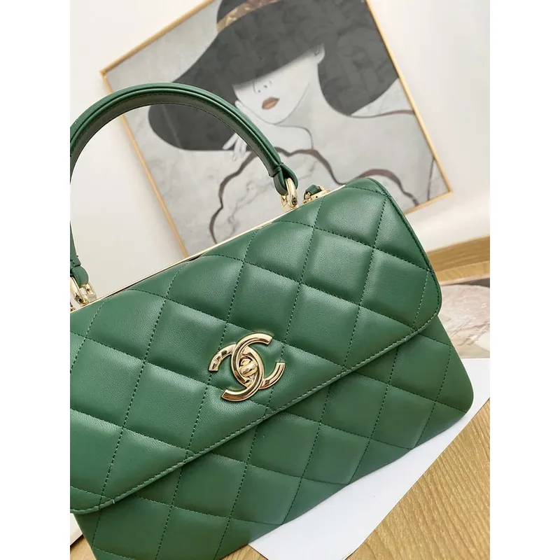 Chanel Small Trendy CC Flap Bag With Top Handle Lambskin bag A92236 Green Gold