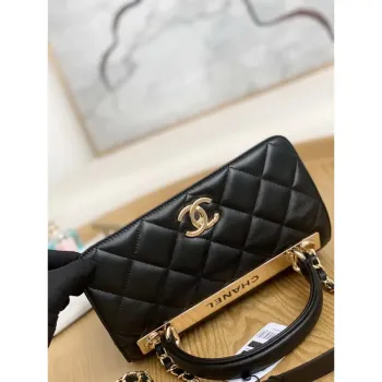 Chanel Small Trendy CC Flap Bag With Top Handle Lambskin bag A92236 Black Gold Round