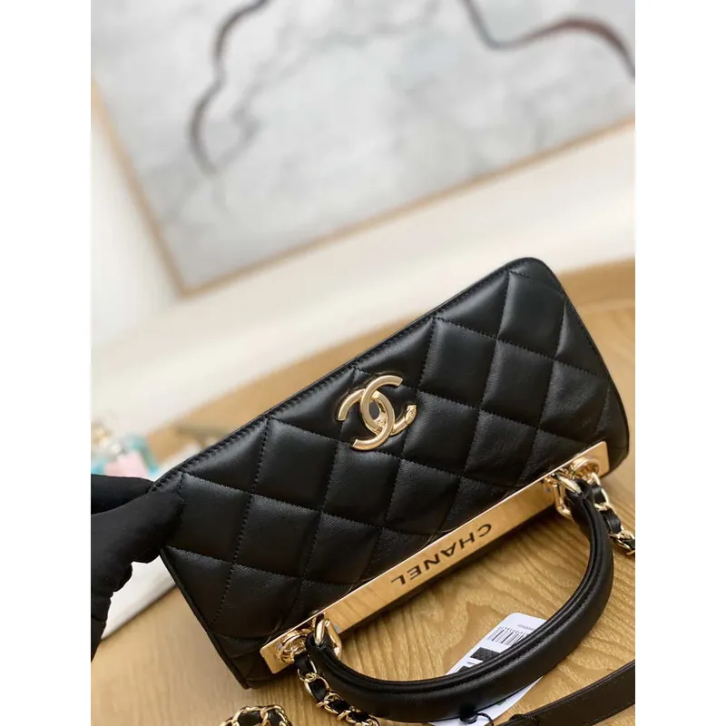 Chanel Small Trendy CC Flap Bag With Top Handle Lambskin bag A92236 Black Gold Round