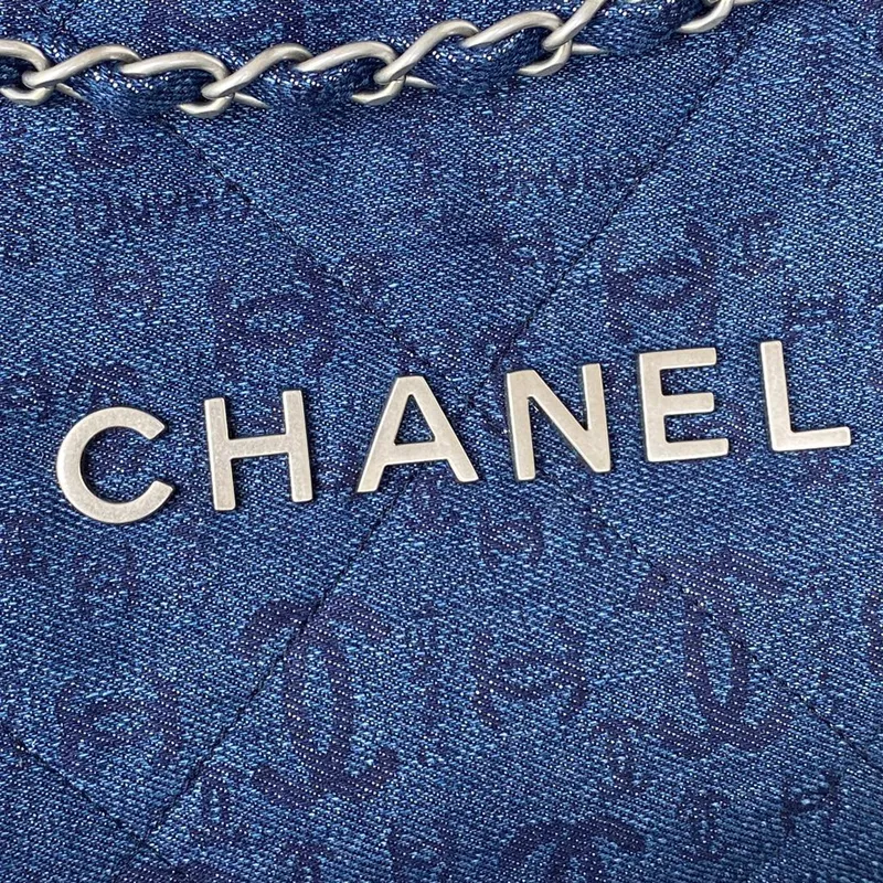 Chanel 22 Handbag Silver Tone Metal Canvas AS3261 Blue denim