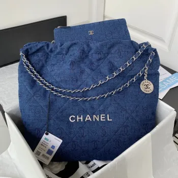 Chanel 22 Handbag Silver Tone Metal Canvas AS3261 Blue denim