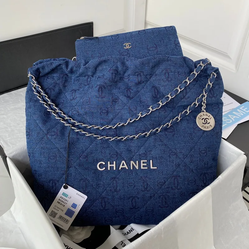 Chanel 22 Handbag Silver Tone Metal Canvas AS3261 Blue denim