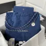 Chanel 22 Handbag Silver Tone Metal Canvas AS3260 Blue denim