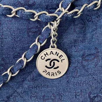 Chanel 22 Handbag Silver Tone Metal Canvas AS3260 Blue denim