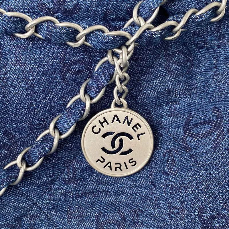 Chanel 22 Handbag Silver Tone Metal Canvas AS3260 Blue denim