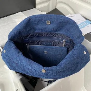 Chanel 22 Handbag Silver Tone Metal Canvas AS3260 Blue denim