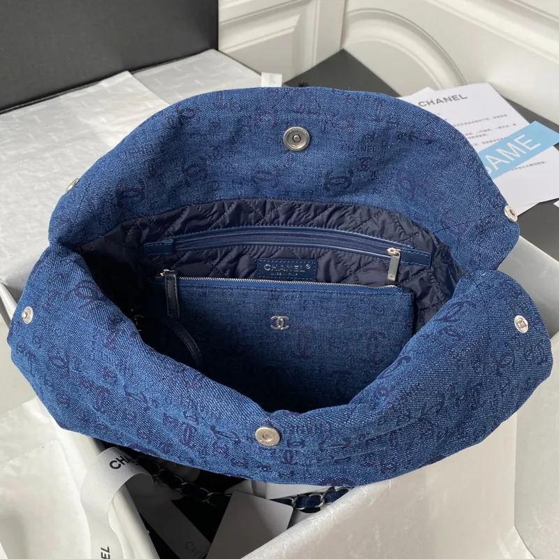 Chanel 22 Handbag Silver Tone Metal Canvas AS3260 Blue denim