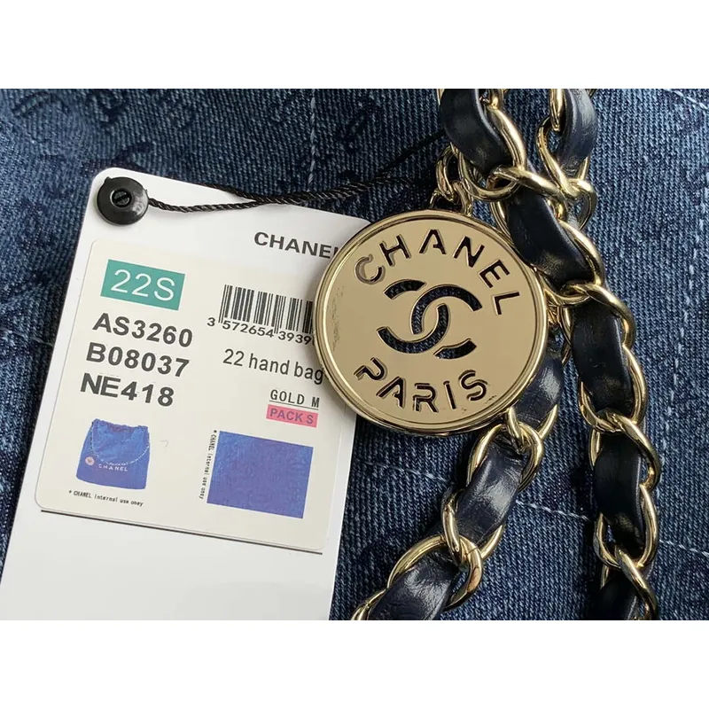 Chanel 22 Handbag Gold Tone Metal Canvas AS3260 Blue denim