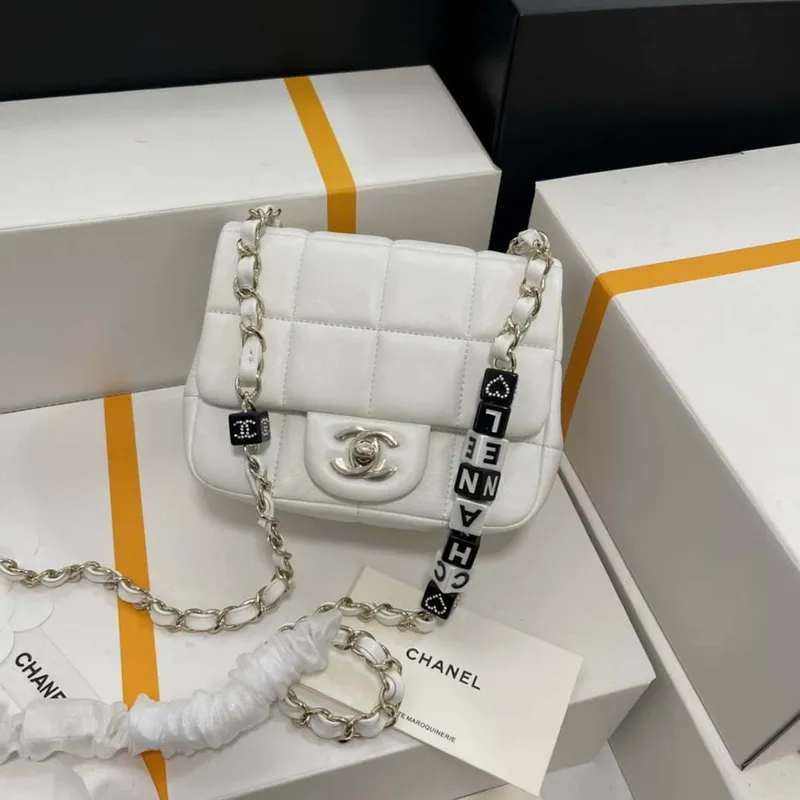 Chanel AS3744  Mini Flap Bag White Lambskin Resin & Gold Tone Metal White