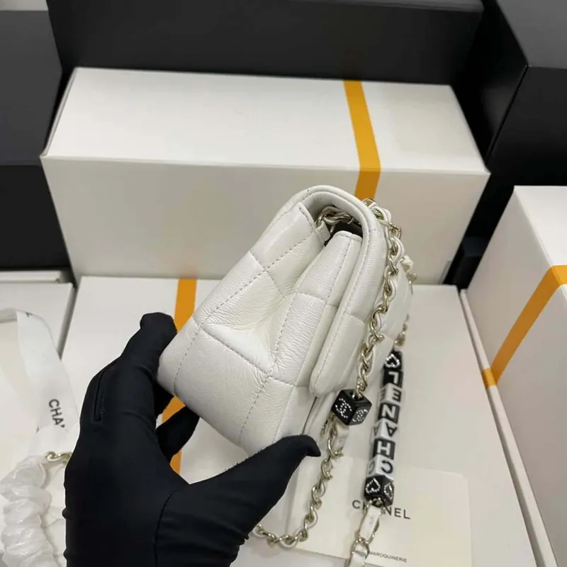 Chanel AS3744  Mini Flap Bag White Lambskin Resin & Gold Tone Metal White