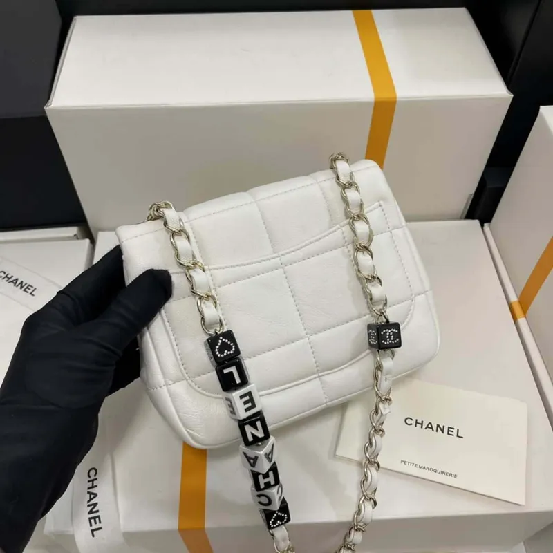 Chanel AS3744  Mini Flap Bag White Lambskin Resin & Gold Tone Metal White