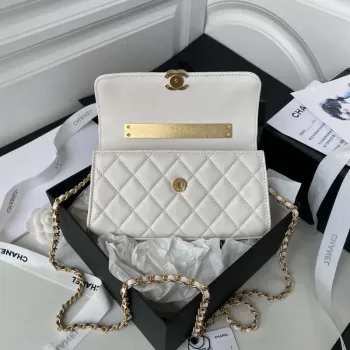 Chanel AP2946 Phone Holder Clutch with Chain Lambskin White