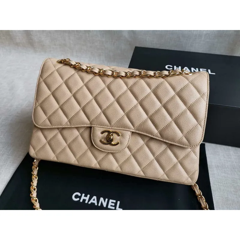 Chanel A58600 Large Classic Handbag Grained shiny Calfskin Apricot Gold