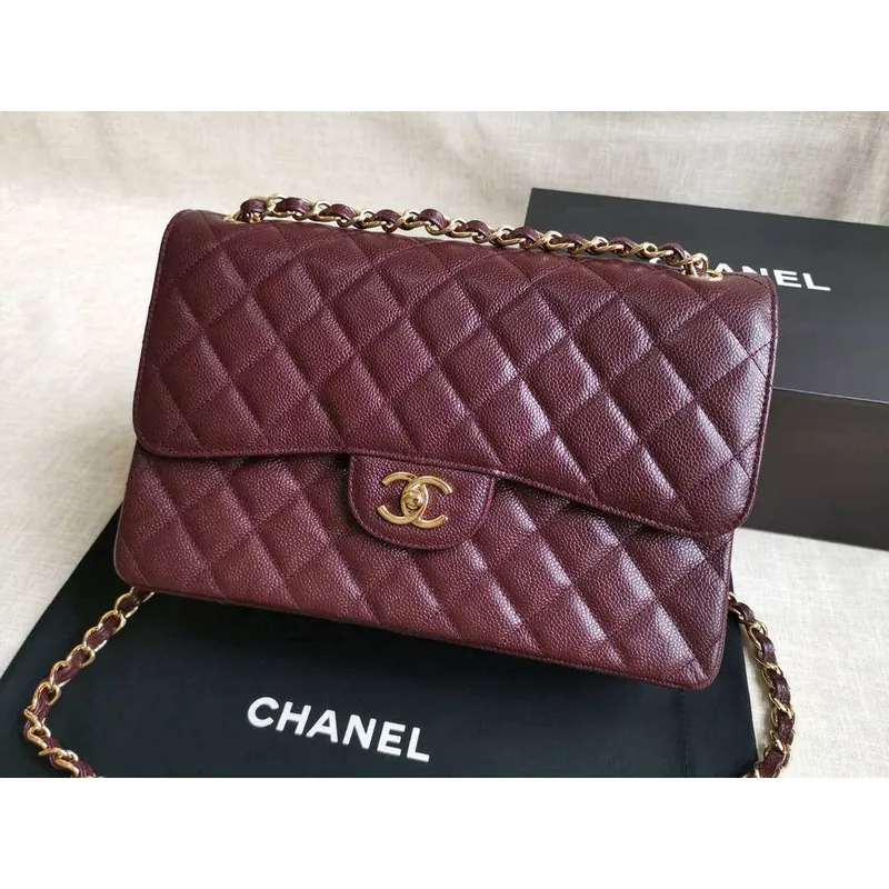 Chanel A58600 Large Classic Handbag Grained shiny Calfskin Wine Red Gold