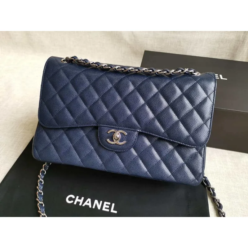 Chanel A58600 Large Classic Handbag Grained shiny Calfskin Navy Blue Sliver