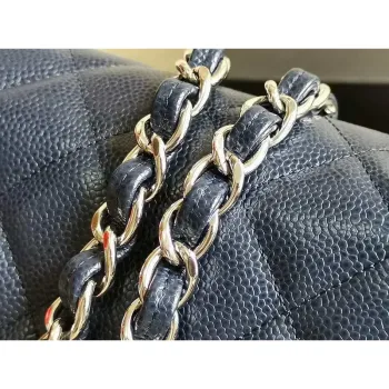 Chanel A58600 Large Classic Handbag Grained shiny Calfskin Navy Blue Sliver