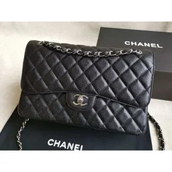 Chanel A58600 Large Classic Handbag Grained shiny Calfskin Black Sliver