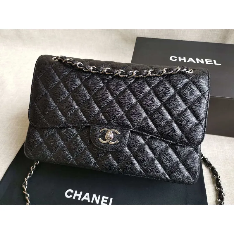 Chanel A58600 Large Classic Handbag Grained shiny Calfskin Black Sliver