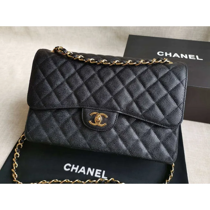 Chanel A58600 Large Flap Handbag Classic bag Grained shiny Calfskin gold Black