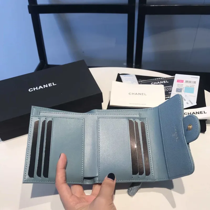 Chanel AP0231 Classic Small FLAP Wallet Calfskin Blue Gold