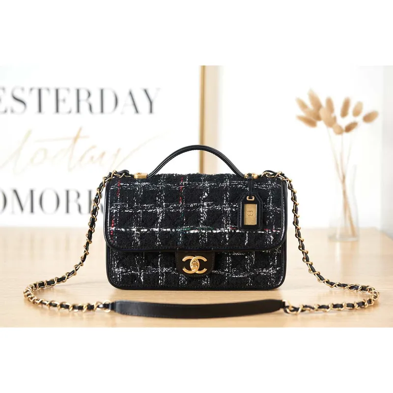 Chanel AS3653 Small Flap Bag with Top Handle Wool Tweed & Gold Tone Metal Black and White