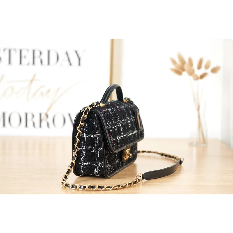 Chanel AS3653 Small Flap Bag with Top Handle Wool Tweed & Gold Tone Metal Black and White