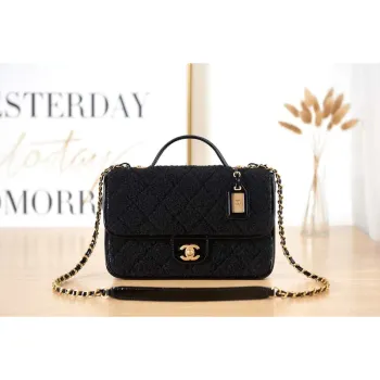 Chanel AS3653 Small Flap Bag with Top Handle Wool Tweed & Gold Tone Metal Black