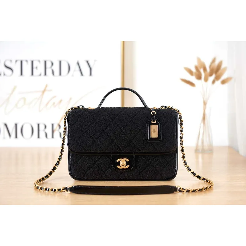 Chanel AS3653 Small Flap Bag with Top Handle Wool Tweed & Gold Tone Metal Black