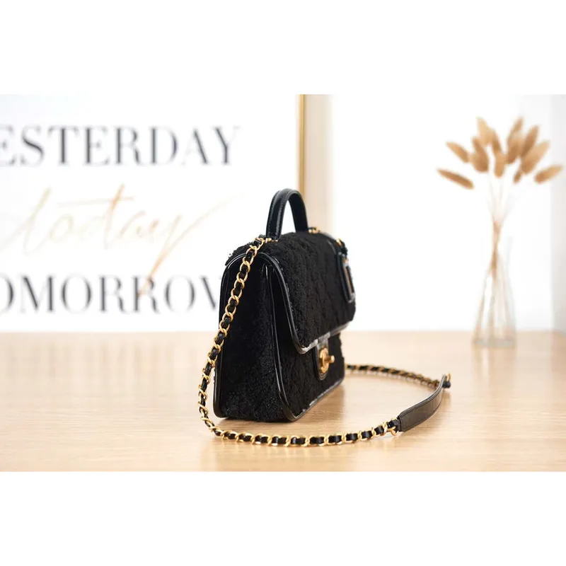 Chanel AS3653 Small Flap Bag with Top Handle Wool Tweed & Gold Tone Metal Black