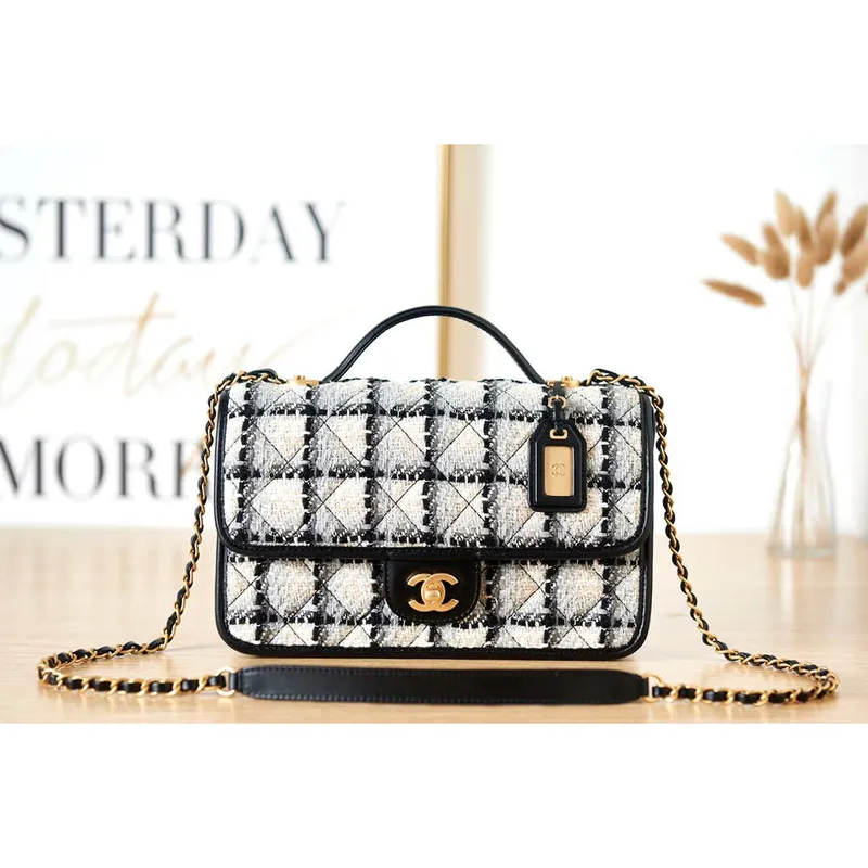 Chanel AS3653 Small Flap Bag with Top Handle Wool Tweed & Gold Tone Metal Beige