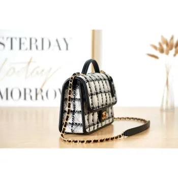 Chanel AS3653 Small Flap Bag with Top Handle Wool Tweed & Gold Tone Metal Beige