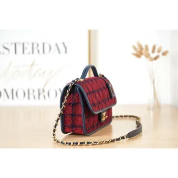 Chanel AS3653 Small Flap Bag with Top Handle Wool Tweed & Gold Tone Metal Red and Navy Blue