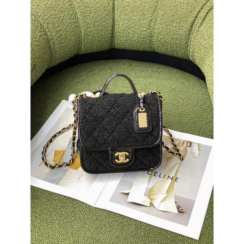 Chanel AS3652 Small Flap Bag with Top Handle Cotton & Wool Tweed & Gold Tone Metal Black