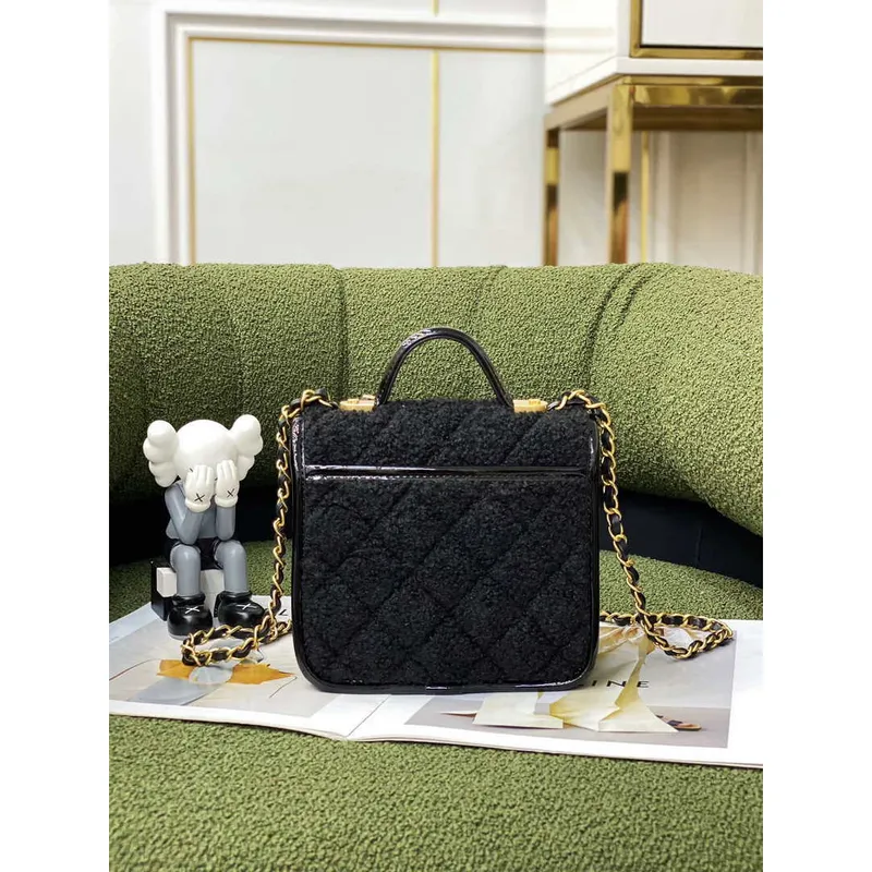 Chanel AS3652 Small Flap Bag with Top Handle Cotton & Wool Tweed & Gold Tone Metal Black