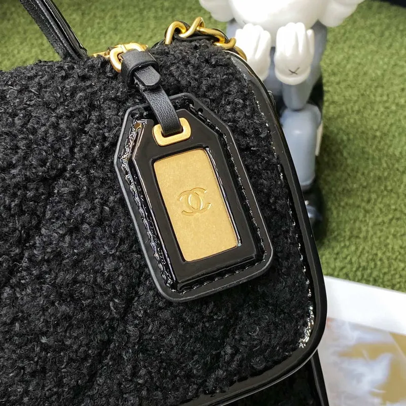 Chanel AS3652 Small Flap Bag with Top Handle Cotton & Wool Tweed & Gold Tone Metal Black